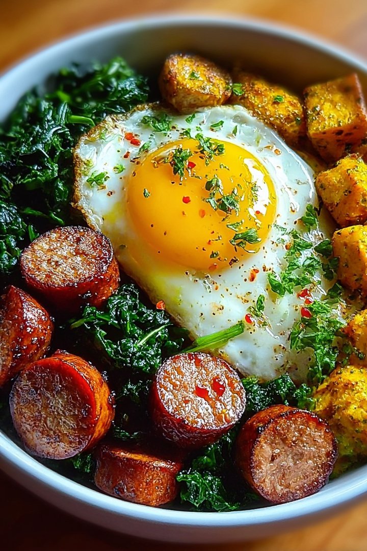 Savory Breakfast Power Bowl with chicken sausage, eggs & Greens image 2