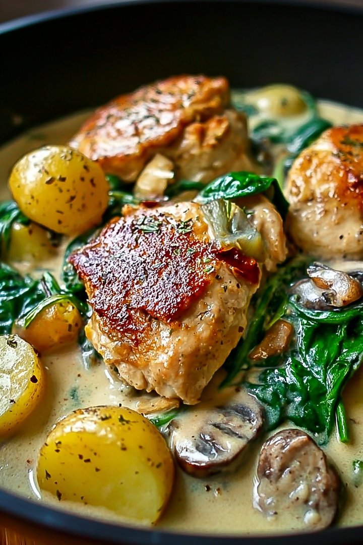 Creamy Smothered Chicken with Spinach, Potatoes, and Mushrooms image 2